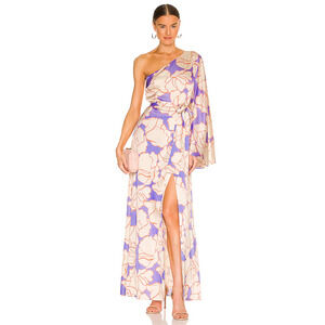 Alexis Leonette Satin Asymmetric One Shoulder Floral Maxi Dress Cream Purple L